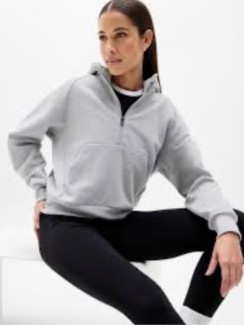 Athleta Forever Fleece Half Zip Hoodie Heather Gray Small Cropped Pullover